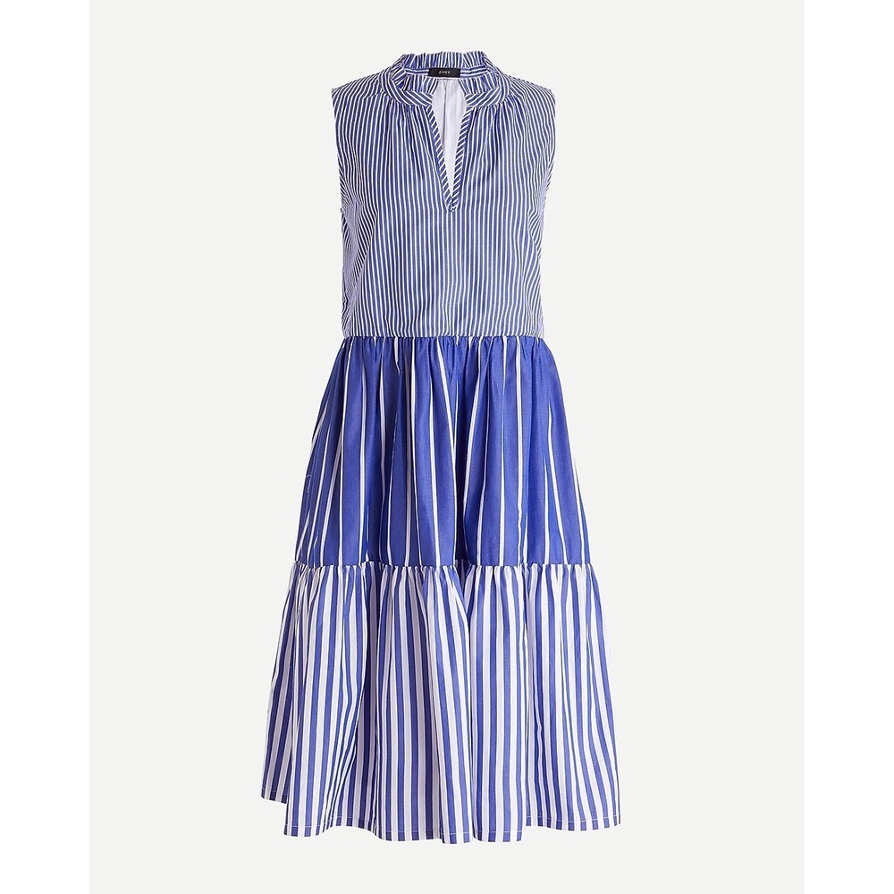J.Crew Blue White Striped Tiered Ruffle Neck Sleeveless Cotton Midi Dress XXS